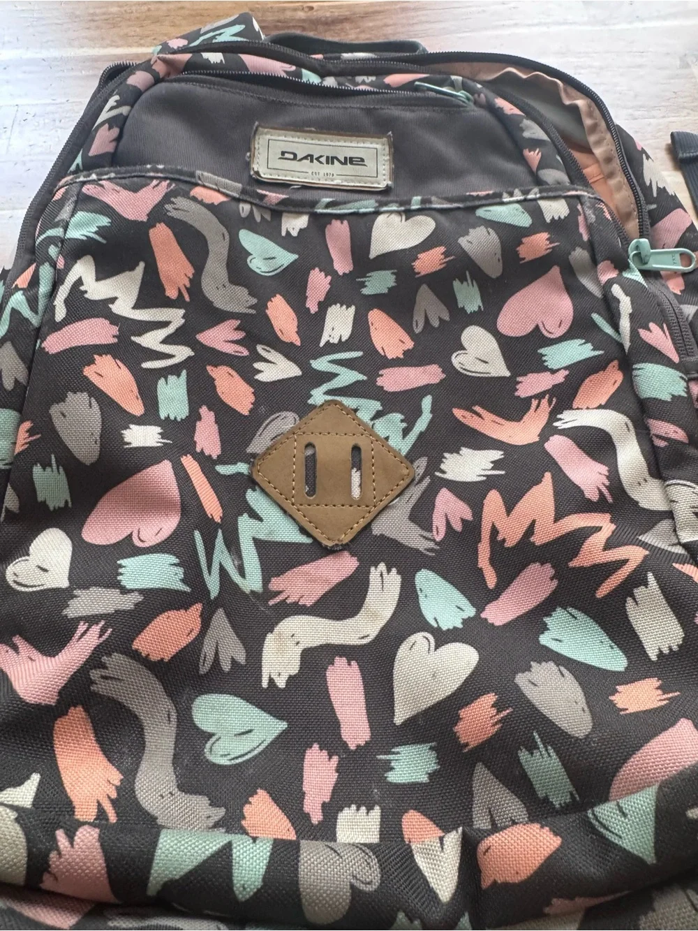 Dakine Women's Abstract Heart Print Backpack in Brown, Pink & Mint